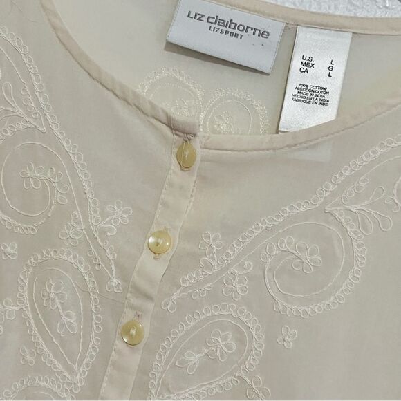 NWOT LIZ CLAIBORNE Neutral Ivory Cotton Embroidered Relaxed Split Neck Tunic L - Picture 3 of 15